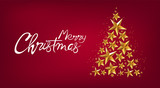 Fototapeta  - Merry christmas banner with golden stars fir tree. Red background vector