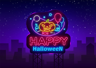 Wall Mural - Happy Halloween neon sign design template. Halloween neon icon, light banner design element colorful modern design trend, night bright advertising, bright sign. Vector illustration. Billboards