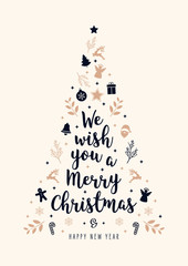 Christmas tree greeting text calligraphy with icon ornament elements golden black background