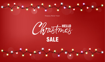 Wall Mural - Christmas sale greeting card with white fairy lights. Red background vector