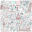 Italy doodle set. Famous landmarks and traditional Italian symbols - architecture, cuisine, Venice carnival. Objects isolated on white background