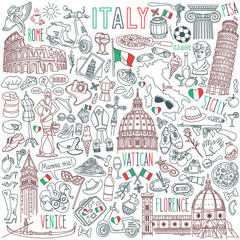  Italy doodle set. Famous landmarks and traditional Italian symbols - architecture, cuisine, Venice carnival. Objects isolated on white background