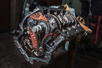 Disassembled car engine close-up. Car parts. Close-up.