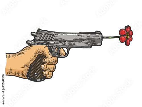 Cuadros en Lienzo Gun shoots a flower sketch engraving vector illustration