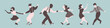 Three lindy hop dancing couples silhouettes on a blue background. Men and women in 1940s style. Vector illustration.
