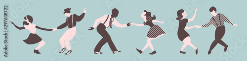 Fotomural Three lindy hop dancing couples silhouettes on a blue background