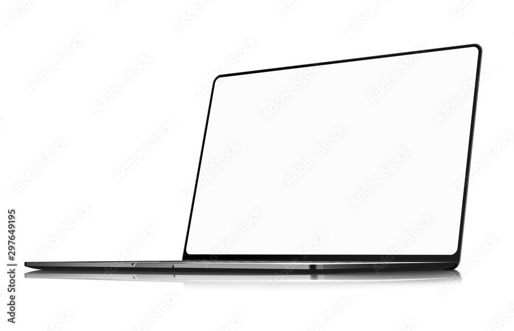 Laptop frameless with blank screen isolated on white background angle perspective view - super high detailed photorealistic - obrazy, fototapety, plakaty 