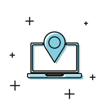 Black Laptop with location marker icon isolated on white background. Vector Illustration