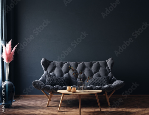 Fotografía Home interior, luxury modern dark living room interior, black empty wall mock up