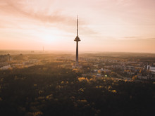 Aerial View Of Vilnius TV Tower, The Tallest Structure In Lithuania, Occupied By The SC Lithuanian Radio And Television Centre.