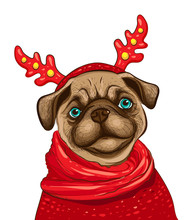 Portrait Dog Pug In A Reindeer Antlers, Red Glasses, Red Scarf. Cute Mops, Vector Illustration.