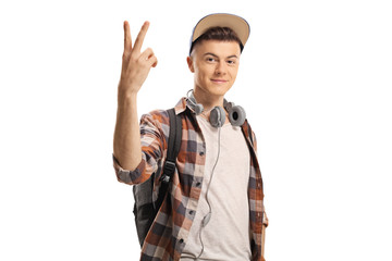 Sticker - Male student with headphones gesturing a peace sign