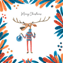 Christmas Watercolor Illustration With Deer Decorator