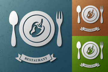 Restaurant emblem with pepper on a white plate, Pepper logotype design template, Plate, Knife, Fork, Stylized business logo idea, Vector illustration