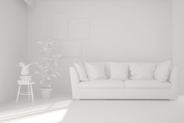 Mock up of stylish room in white color with sofa. Scandinavian interior design. 3D illustration