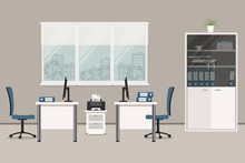 Office Room Interior. There Are Desks, Blue Chairs, A Cabinet For Documents, A Printer And Other Objects In The Picture. Vector Flat Illustration