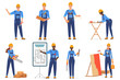 © lembergvector - Builders in uniform flat vector characters set. Construction workers in blue jumpsuits and hardhats. Cartoon engineers, architects, repairmen at work. Women breaking stereotypes. Racial equality idea
