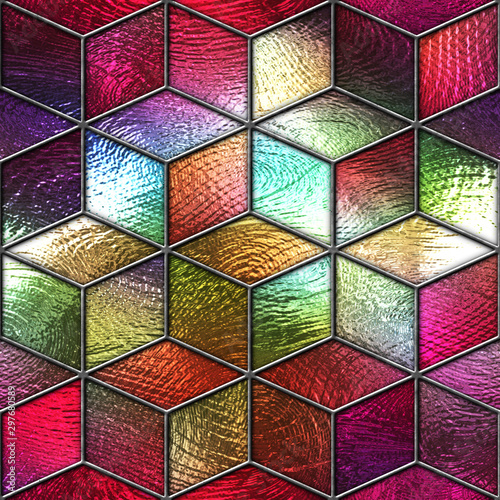 Fototapeta na wymiar Stained glass seamless texture with cubes pattern for window, colored glass, 3d illustration