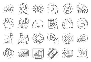 Wall Mural - Cryptocurrency line icons. Set of Blockchain, Crypto ICO start up and Bitcoin icons. Mining, Cryptocurrency exchange, gold pickaxe. Bitcoin ATM, crypto coins, financial ico markets, blockchain. Vector