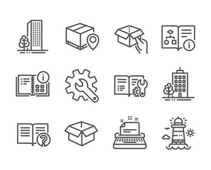 Poster - Set of Industrial icons, such as Hold box, Lighthouse, Typewriter, Help, Engineering documentation, Technical algorithm, Customisation, Skyscraper buildings, Opened box, Parcel tracking. Vector