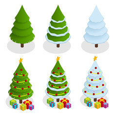 isometric christmas tree set. decorated christmas tree with gift boxes, star, lights, decoration bal