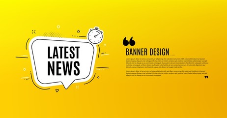 Aufkleber - Latest news symbol. Yellow banner with chat bubble. Media newspaper sign. Daily information. Coupon design. Flyer background. Hot offer banner template. Bubble with latest news text. Vector