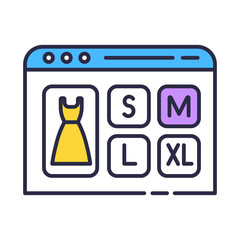 Sticker - Choose clothes size color icon. Online shopping store. Buying and ordering goods in internet. E commerce. Clothing measurement. Dress sizing labels, sewing tags. Isolated vector illustration