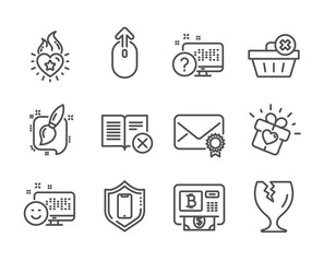 Set of Business icons, such as Bitcoin atm, Heart flame, Fragile package, Painting brush, Online quiz, Swipe up, Reject book, Smile, Smartphone protection, Verified mail, Love gift. Vector