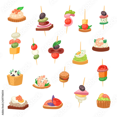 Cuadros en Lienzo Appetizer vector appetizing food and snack meal starter canape appetiser sandwic