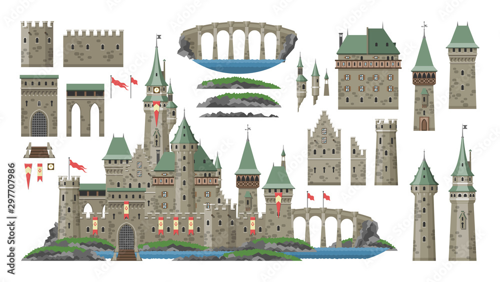 Cartoon castle vector fairytale medieval tower of fantasy palace building in kingdom fairyland illustration set of historical fairy-tale house bastion constructor isolated on white background - obrazy, fototapety, plakaty 