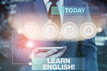 Poster - Conceptual hand writing showing Learn English. Concept meaning gain acquire knowledge in new language by study Picture photo network scheme with modern smart device