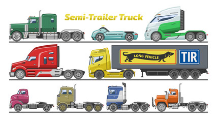 Semi trailer truck vector vehicle transport delivery cargo shipping illustration set of trucking freight lorry semi-truck isolated on white background