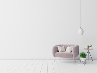 Interior with velvet armchair on empty white wall background.