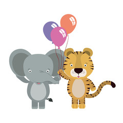 Poster - cute little elephant and tiger with balloons helium