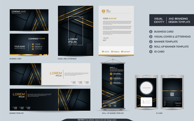 Wall Mural - Luxury black gold stationery mock up set and visual brand identity with abstract overlap layers background
