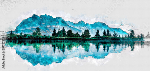 Beautiful watercolor painting of forest and mountiain reflecting in the river...