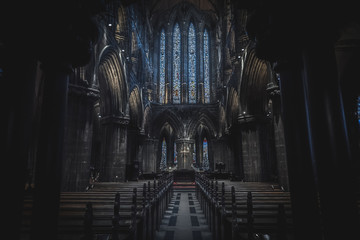 glasgow, scotland, december 16, 2018: magnificent perspective view of interiors of glasgow cathedral