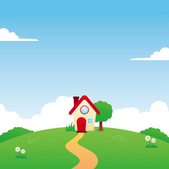 Wall Mural - House on the hill vector illustration with cute design suitable for kids background