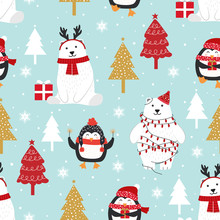 Christmas Seamless Pattern With Polar Bear Background, Winter Pattern With Penguin, Wrapping Paper, Pattern Fills, Winter Greetings, Web Page Background, Christmas And New Year Greeting Cards