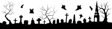 Horizontal Banner With Black Silhouette Of Cemetery And Trees On A White Background. Nightmare Landscape. Halloween Vector Illustration For Sticker, Banner, Invitation, Poster