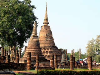 Pagoda and archaeological site temple in Sukhothai historical park, one of  popular tourist attractions and famous landmarks, Sukhothai, Thailand. UNESCO world heritage city. On Sep 28, 2019.