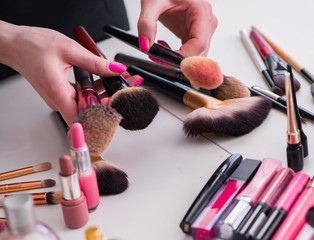 Wall Mural - Collection of make up products displayed on the table