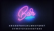 Bar neon lettering template. Glowing calligraphy sign for Bar