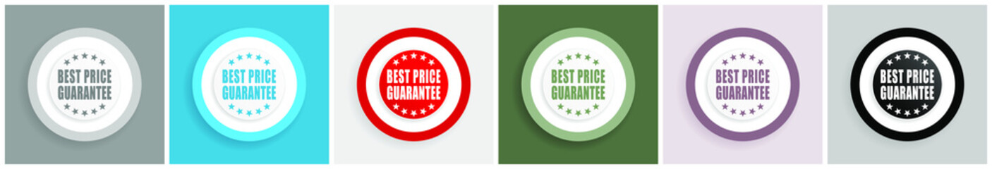 Leinwandbilder - Best price guarantee icon set, colorful flat design vector illustrations in 6 options for web design and mobile applications