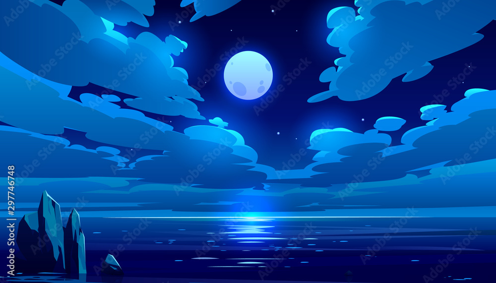 Full moon night ocean or sea landscape. Starry sky with clouds and moonlight reflection in dark water surface, romantic fantasy natural scene background, midnight time. Cartoon vector illustration - obrazy, fototapety, plakaty 