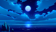 Full Moon Night Ocean Or Sea Landscape. Starry Sky With Clouds And Moonlight Reflection In Dark Water Surface, Romantic Fantasy Natural Scene Background, Midnight Time. Cartoon Vector Illustration