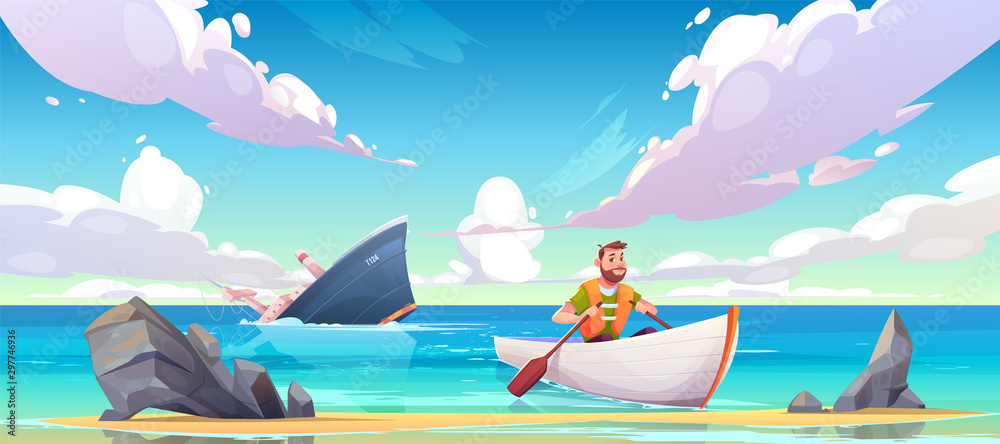 Man escaping from sinking ship after shipwreck accident, vessel run aground in ocean, going under water surface, character in life vest rowing in boat to beach with rocks. Cartoon vector illustration - obrazy, fototapety, plakaty 