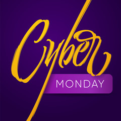 Wall Mural - Cyber Monday typography. Yellow inscription Cyber and stylish letters Monday on a dark purple background. illustration for banners, ads, advertising brochures, booklets, sales, promotions.