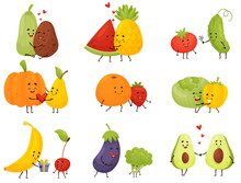 Set Of Humanized Vegetables And Fruits. Vector Illustration On A White Background.