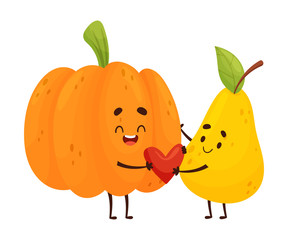 Poster - Humanized pumpkin and pear hold a heart. Vector illustration.